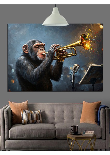 Trompet Çalan Caz Maymunu Dekoratif Kanvas - Mdf Ahşap Tablo fiyatları