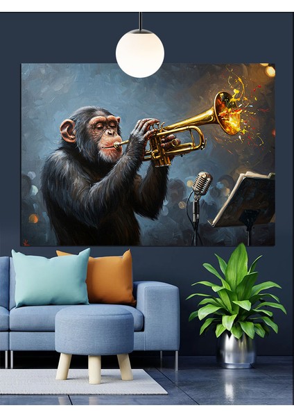 Trompet Çalan Caz Maymunu Dekoratif Kanvas - Mdf Ahşap Tablo fırsatları