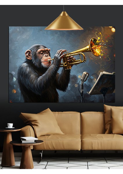 Trompet Çalan Caz Maymunu Dekoratif Kanvas - Mdf Ahşap Tablo indirimleri