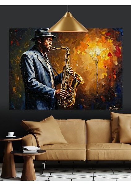 Saksafon Çalan Adam Figürü Dekoratif Kanvas - Mdf Ahşap Tablo fiyatları