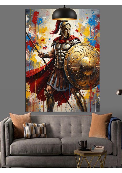 Yunan Savaşçısı Kalkan ve Mızrağıyla Dekoratif Kanvas - Mdf Ahşap Tablo