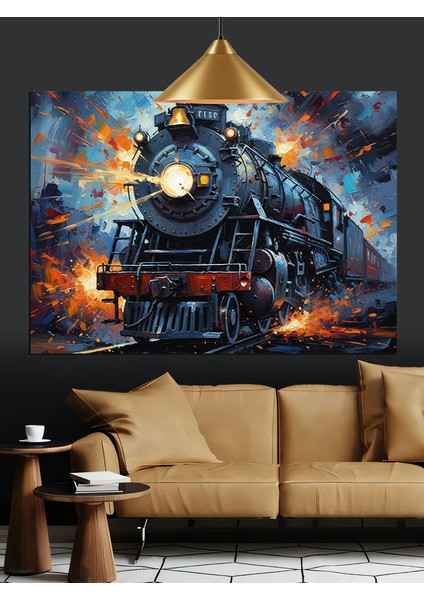 Gece Buharlı Tren Raylar Dekoratif Kanvas - Mdf Ahşap Tablo