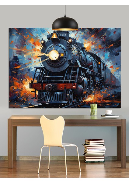 Gece Buharlı Tren Raylar Dekoratif Kanvas - Mdf Ahşap Tablo fırsatları