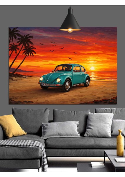 Yeşil Vintage Araba Gece Sürüşü Dekoratif Kanvas - Mdf Ahşap Tablo