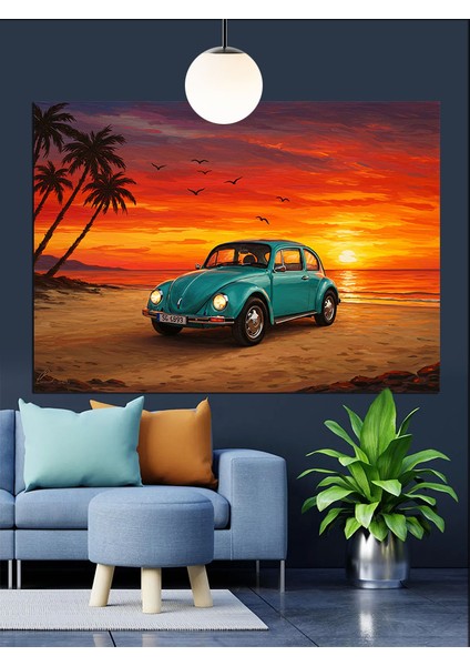 Yeşil Vintage Araba Gece Sürüşü Dekoratif Kanvas - Mdf Ahşap Tablo fırsatları