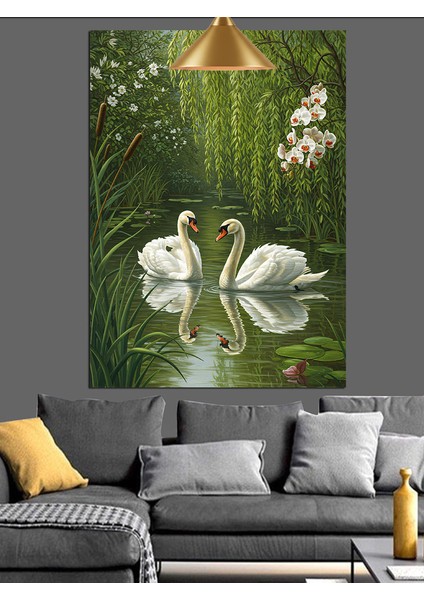 Beyaz Kuğu Çiçekli Su Manzarası Dekoratif Kanvas - Mdf Ahşap Tablo