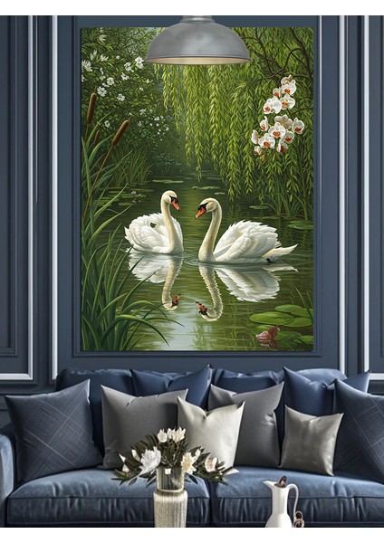 Beyaz Kuğu Çiçekli Su Manzarası Dekoratif Kanvas - Mdf Ahşap Tablo fiyatları