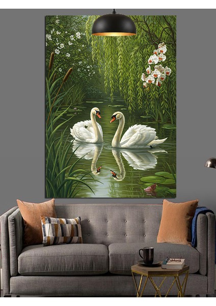 Beyaz Kuğu Çiçekli Su Manzarası Dekoratif Kanvas - Mdf Ahşap Tablo modelleri
