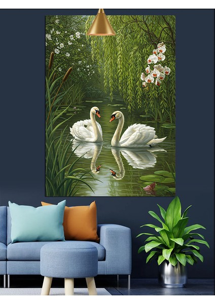 Beyaz Kuğu Çiçekli Su Manzarası Dekoratif Kanvas - Mdf Ahşap Tablo fırsatları