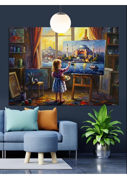 Resim Çizen Çocuk Dekoratif Kanvas - Mdf Ahşap Tablo