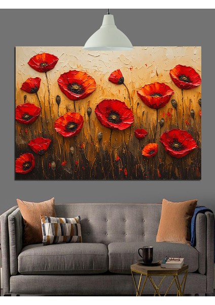 Canlı Kırmızı Gelincik Çiçekleri Dekoratif Kanvas - Mdf Ahşap Tablo indirimleri