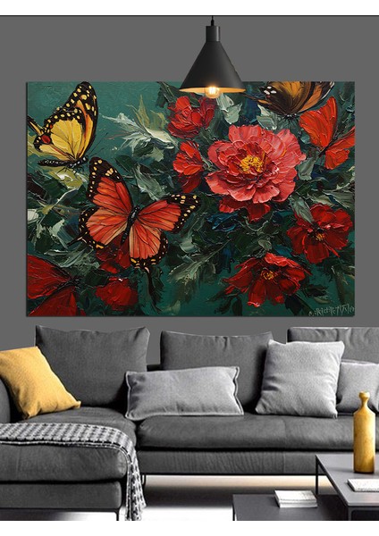 Canlı Kırmızı Kelebekler ve Çiçekler Dekoratif Kanvas - Mdf Ahşap Tablo