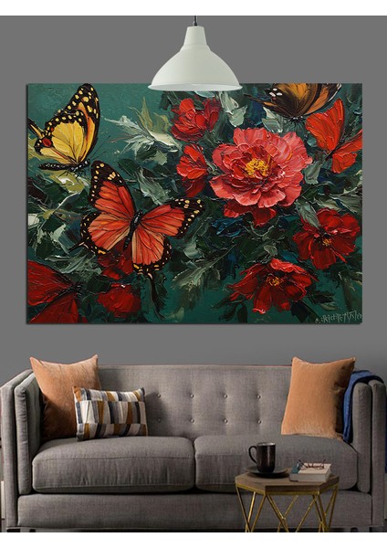 Canlı Kırmızı Kelebekler ve Çiçekler Dekoratif Kanvas - Mdf Ahşap Tablo fiyatları