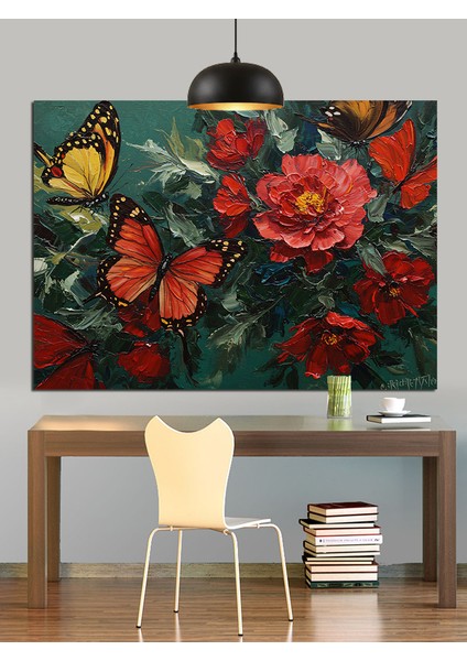 Canlı Kırmızı Kelebekler ve Çiçekler Dekoratif Kanvas - Mdf Ahşap Tablo modelleri