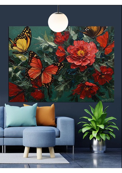 Canlı Kırmızı Kelebekler ve Çiçekler Dekoratif Kanvas - Mdf Ahşap Tablo fırsatları