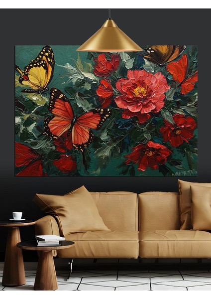 Canlı Kırmızı Kelebekler ve Çiçekler Dekoratif Kanvas - Mdf Ahşap Tablo indirimleri