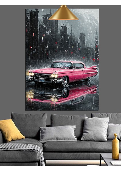 Pembe Arabalı Karanlık Sokak Manzarası Dekoratif Kanvas - Mdf Ahşap Tablo