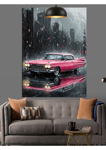 Pembe Arabalı Karanlık Sokak Manzarası Dekoratif Kanvas - Mdf Ahşap Tablo modelleri