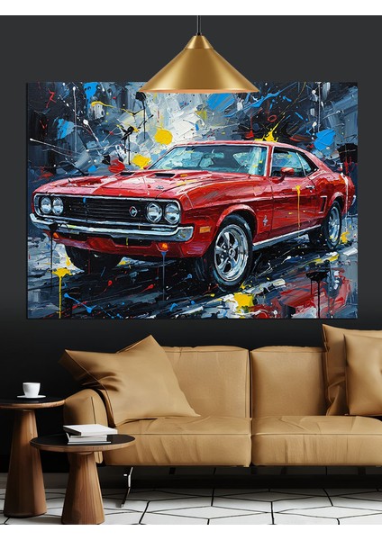 Parlak Kırmızı Vintage Amerikan Araba Dekoratif Kanvas - Mdf Ahşap Tablo fiyatları