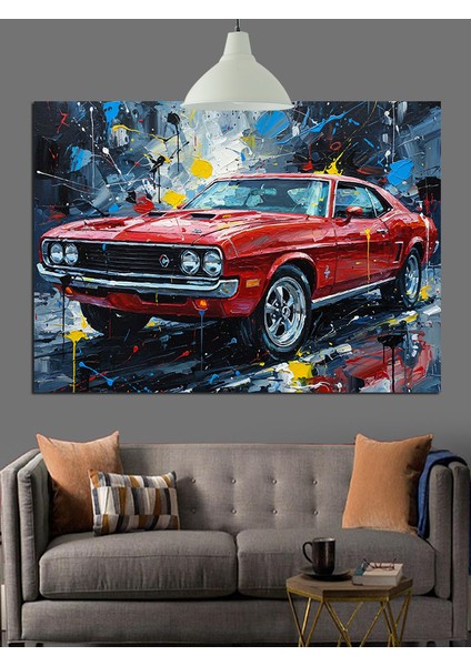 Parlak Kırmızı Vintage Amerikan Araba Dekoratif Kanvas - Mdf Ahşap Tablo fırsatları