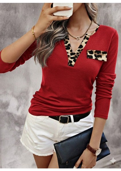 Kadın Likralı Kaşkorse Dik Yaka Bluz | Fitilli Uzun Kol Esnek Leopar Desenli Spor Şık Bluz