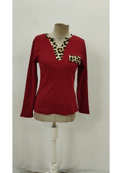 Kadın Likralı Kaşkorse Dik Yaka Bluz | Fitilli Uzun Kol Esnek Leopar Desenli Spor Şık Bluz indirimleri