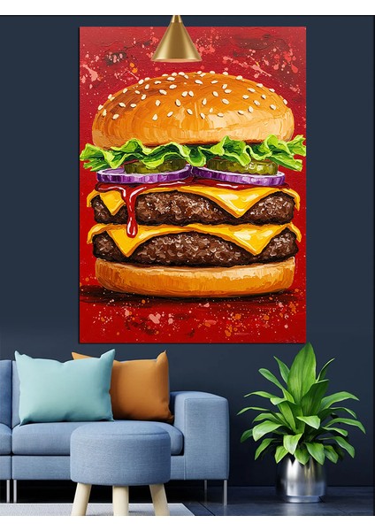 Katmanlı Dev Bir Cheeseburger Yemeği Dekoratif Kanvas - Mdf Ahşap Tablo fiyatları