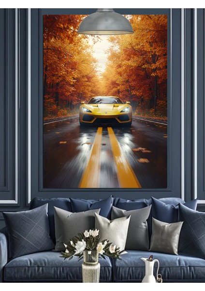 Sarı Spor Araba Dekoratif Kanvas - Mdf Ahşap Tablo