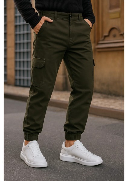 Erkek Trend Lastikli Yüksek Bel Haki Kargo Pantolon