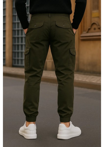 Erkek Trend Lastikli Yüksek Bel Haki Kargo Pantolon