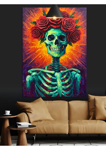 Iskelet Yüzlü Parlak Yeşil Zombi Dekoratif Kanvas - Mdf Ahşap Tablo