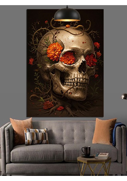 Çiçeklerle Süslenmiş Gotik Kuru Kafa Resmi Dekoratif Kanvas - Mdf Ahşap Tablo
