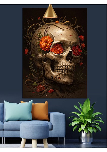 Çiçeklerle Süslenmiş Gotik Kuru Kafa Resmi Dekoratif Kanvas - Mdf Ahşap Tablo fiyatları
