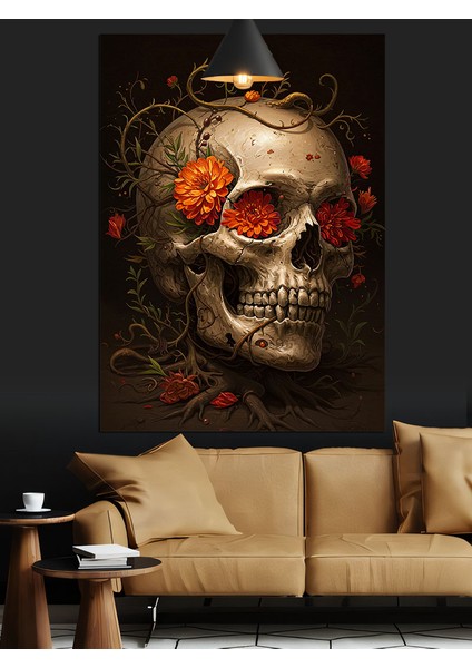Çiçeklerle Süslenmiş Gotik Kuru Kafa Resmi Dekoratif Kanvas - Mdf Ahşap Tablo modelleri