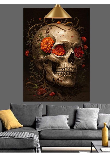Çiçeklerle Süslenmiş Gotik Kuru Kafa Resmi Dekoratif Kanvas - Mdf Ahşap Tablo fırsatları