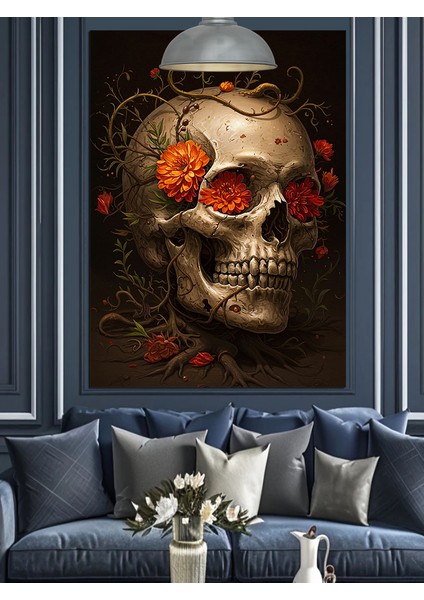 Çiçeklerle Süslenmiş Gotik Kuru Kafa Resmi Dekoratif Kanvas - Mdf Ahşap Tablo indirimleri