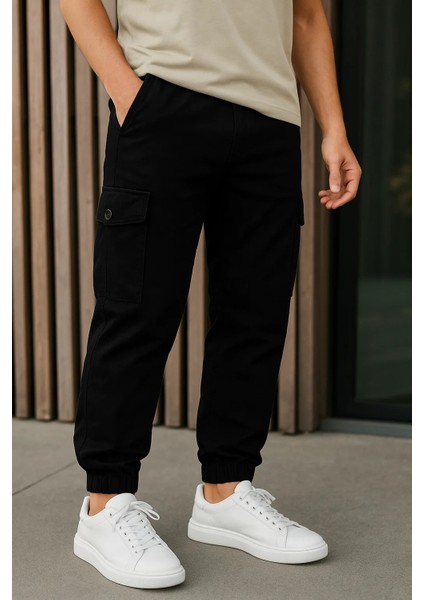 Erkek Yüksek Bel Lastikli Siyah Taktik Kargo Pantolon