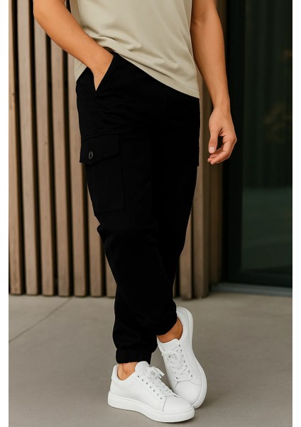 Erkek Yüksek Bel Lastikli Siyah Taktik Kargo Pantolon fırsatları