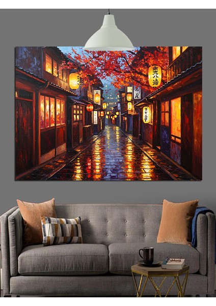 Geleneksel Sokak Lambalı Gece Manzarası Dekoratif Kanvas - Mdf Ahşap Tablo