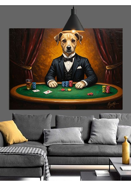 Poker Oynayan Küçük Köpek Dekoratif Kanvas - Mdf Ahşap Tablo fırsatları