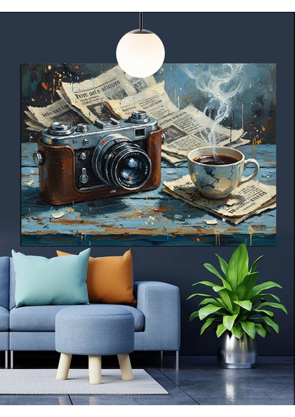 Fotoğraf Makinesi ve Gazeteler Dekoratif Kanvas - Mdf Ahşap Tablo
