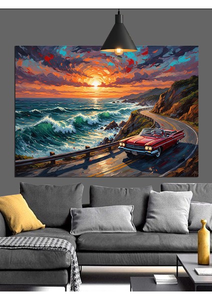 Kırmızı Spor Araba Sahil Dekoratif Kanvas - Mdf Ahşap Tablo