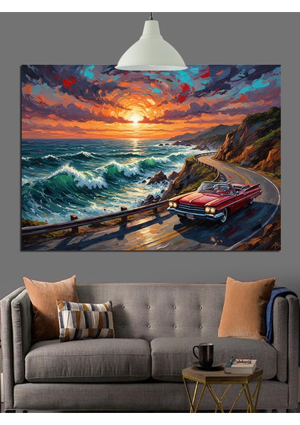 Kırmızı Spor Araba Sahil Dekoratif Kanvas - Mdf Ahşap Tablo fiyatları