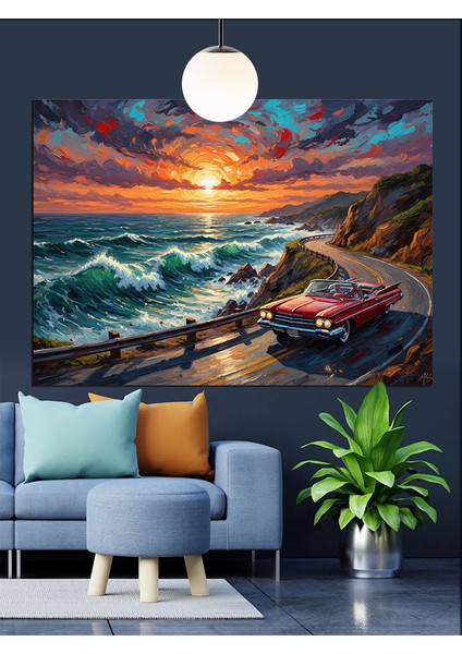 Kırmızı Spor Araba Sahil Dekoratif Kanvas - Mdf Ahşap Tablo fırsatları