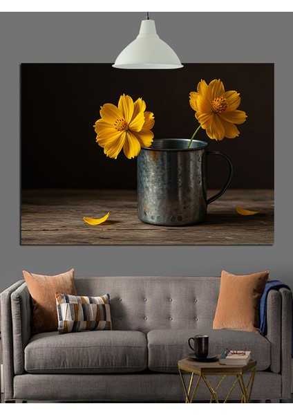 Sarı Çiçekler Kova Sade Dekoratif Kanvas - Mdf Ahşap Tablo
