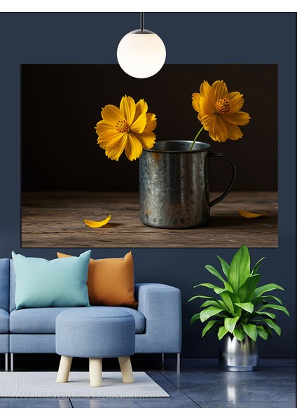 Sarı Çiçekler Kova Sade Dekoratif Kanvas - Mdf Ahşap Tablo modelleri