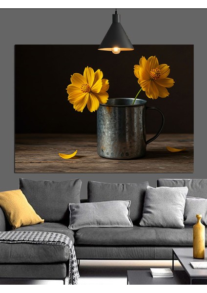 Sarı Çiçekler Kova Sade Dekoratif Kanvas - Mdf Ahşap Tablo indirimleri