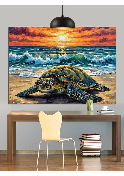 Günbatımında Kumsaldaki Kaplumbağa Dekoratif Kanvas - Mdf Ahşap Tablo