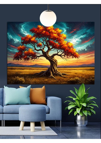 Sonbahar Ağacı Uzun Gölge Dekoratif Kanvas - Mdf Ahşap Tablo