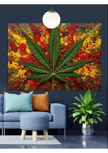 Canlı Renkli Kenevir Yaprağı Sanatı Dekoratif Kanvas - Mdf Ahşap Tablo